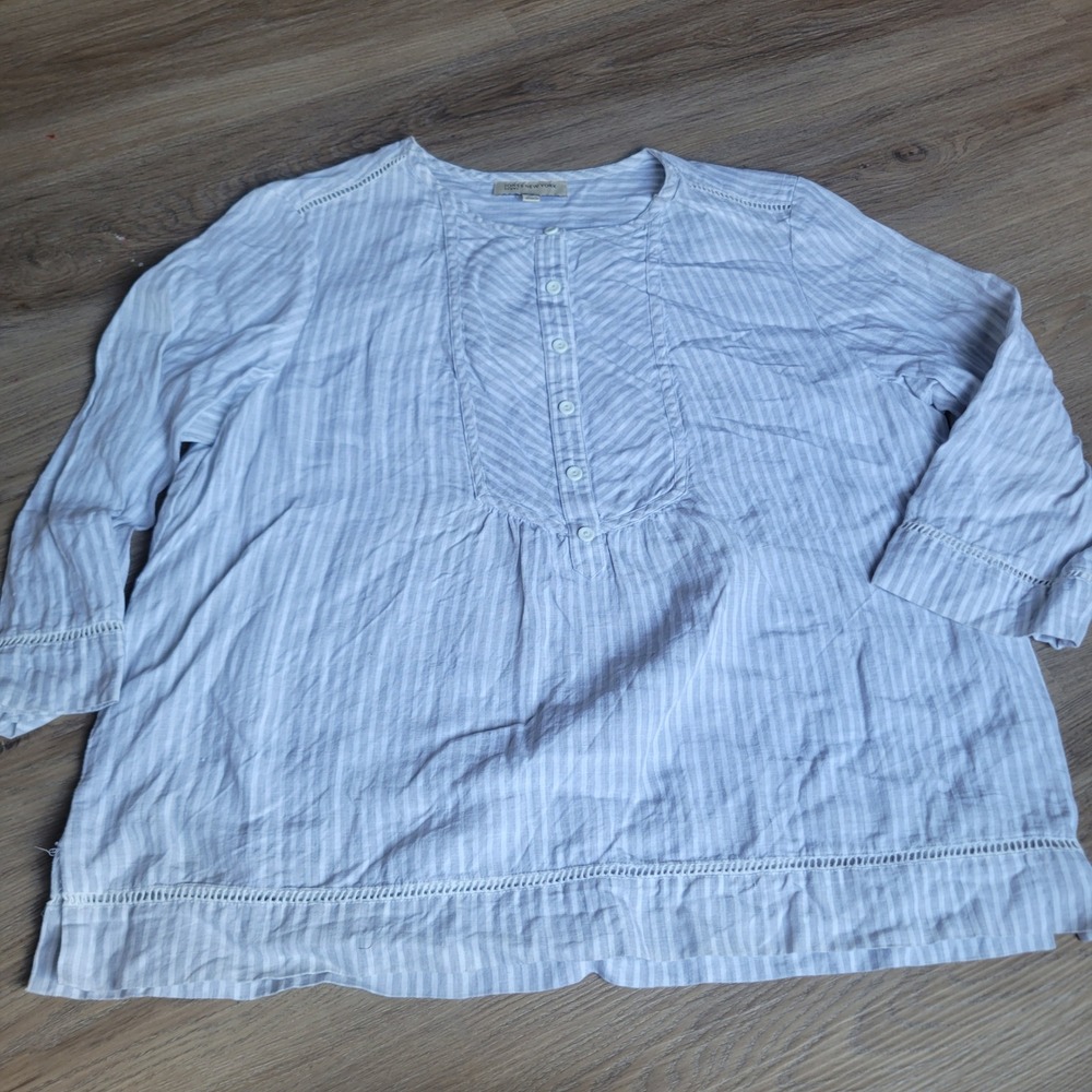 Jones New York Women Top XL Blue White Linen Striped Lace Coastal Blouse